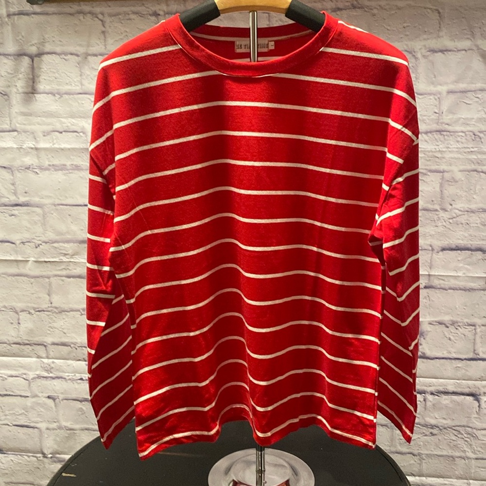 Red with white stripes womens top.